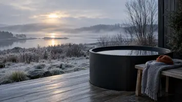 Et rundt sort isbad på en træterrasse ved en fjord en frostklar morgen, med et gråt håndklæde og en uldhue på bænken ved siden af