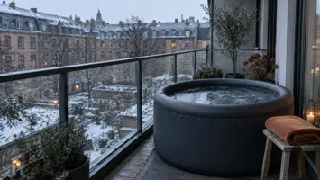 Et rundt gråt isbad på en altan med glasrækværk over en gård med murstensbygninger, med et håndklæde på en skammel ved siden af