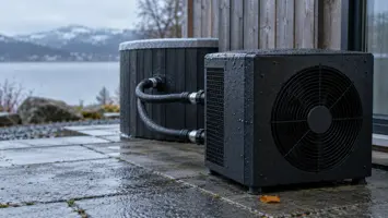 Nærbillede af en sort køleenhed med ventilatorgitter på fliser under et udhæng, med to sorte slanger koblet til et isbad