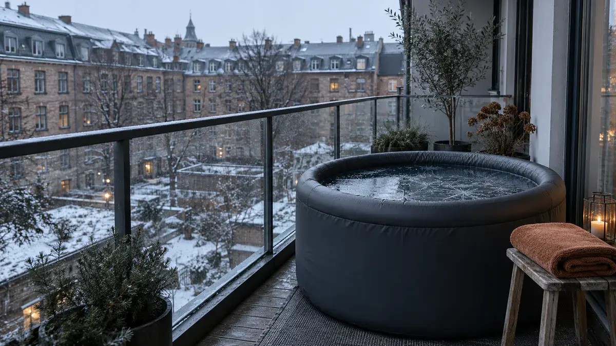 Et rundt gråt isbad på en altan med glasrækværk over en gård med murstensbygninger, med et håndklæde på en skammel ved siden af