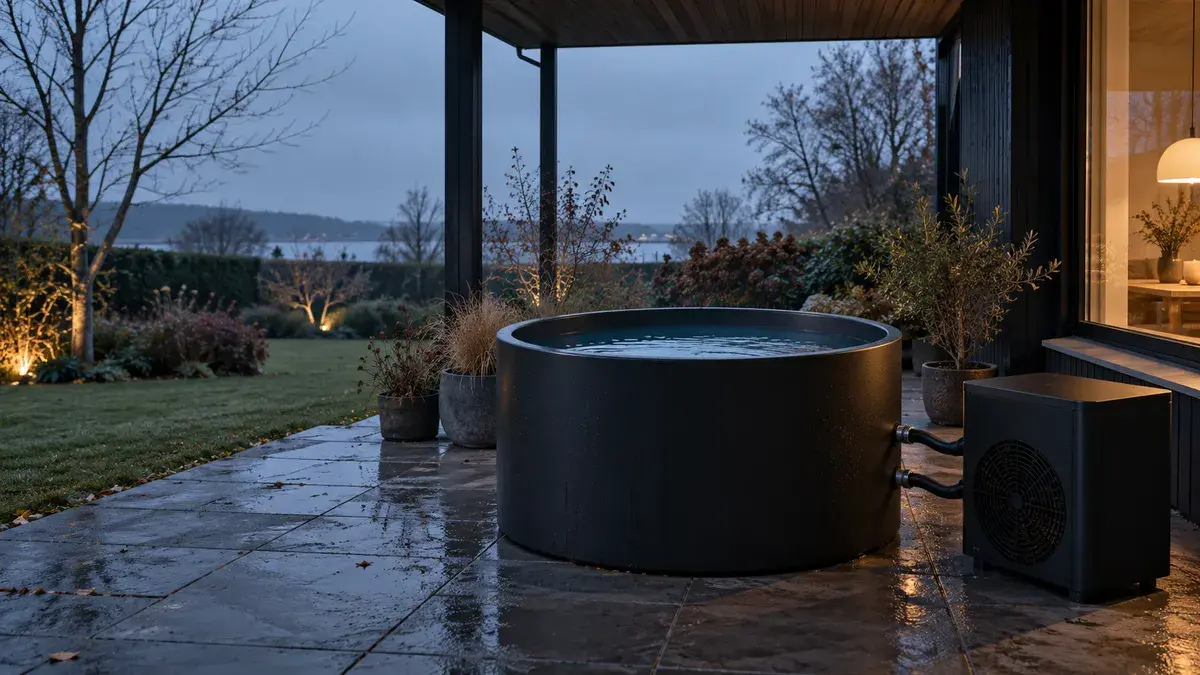 Et rundt sort isbad på en overdækket terrasse i tusmørke, forbundet med to slanger til en lille sort køleenhed ved siden af