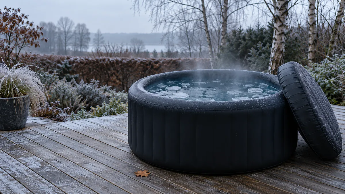 Et rundt sort isbad med isterninger i vandet og låget lænet op ad siden på en træterrasse i en have en frostklar morgen